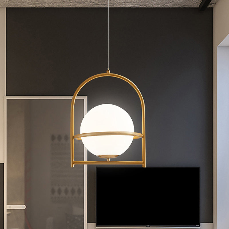 Modern Ball Suspension Light with Birdcage Design, Opal Glass, 1 Bulb, 9"/11" Wide, Bedside Ceiling Fixture - Black/Gold