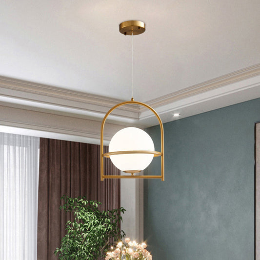 Opal Glass Ball Light With Birdcage Design - Modern Ceiling Fixture For Bedside Black/Gold 9/11