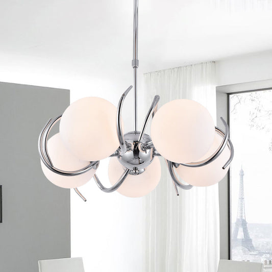Modern Cream Glass Pendant Chandelier with Spherical Design - 5-Head Chrome Twisted Hanging Light Kit