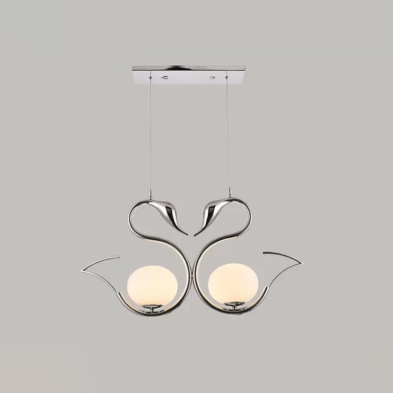 Modern Metal Swan Shape Pendant Light with Orb White Frosted Glass Shade - 2-Light Chrome Suspension Lamp