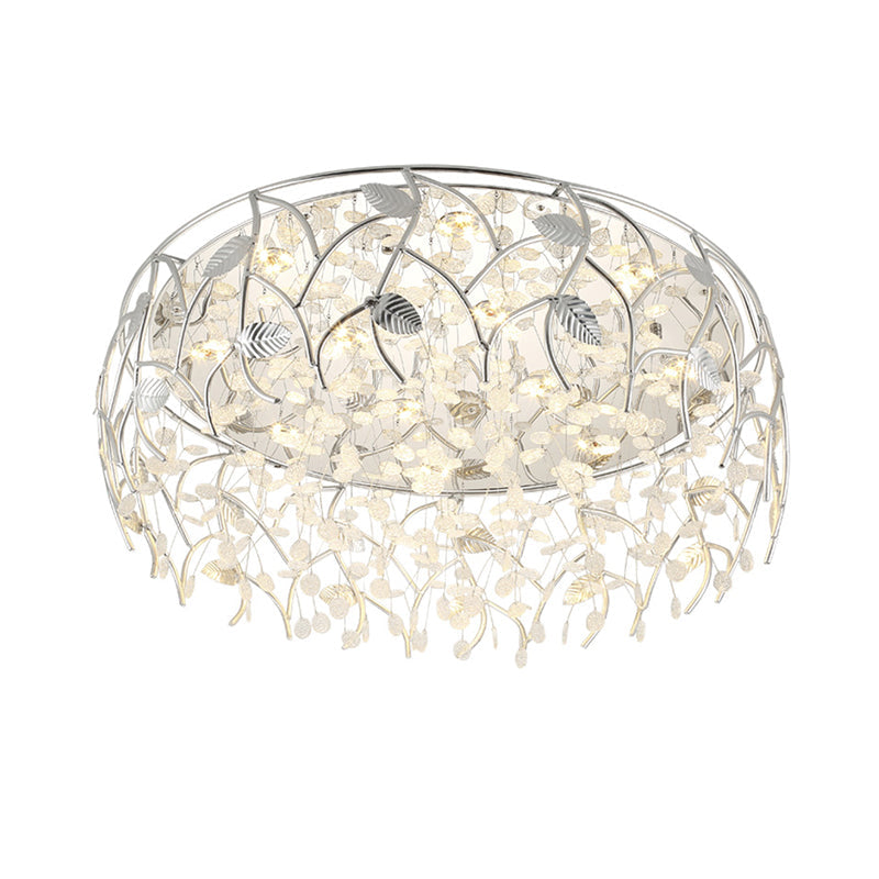 Romantic Chrome Flush Mount Light with Leaf & Crystal Bead Ceiling Fixture for Bedroom