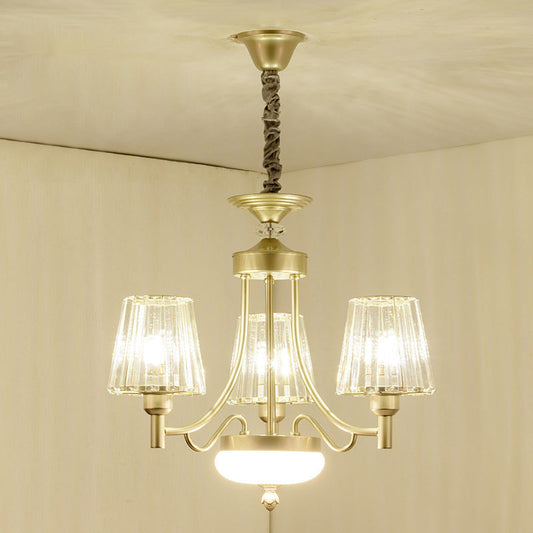 Gold Minimalist Cone Pendant Light with Clear Crystal Blocks - 3/6 Bulbs - Perfect for Bedroom