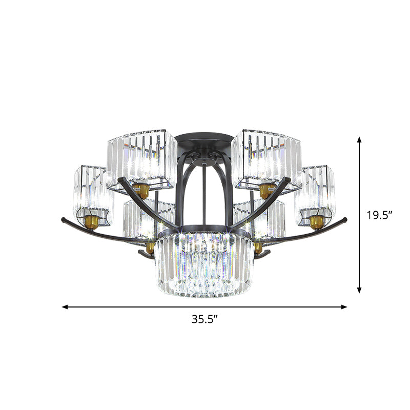 Modern Sputnik Crystal Block Flush Light Fixture - 9/12 Head Semi Flush Mount in Black
