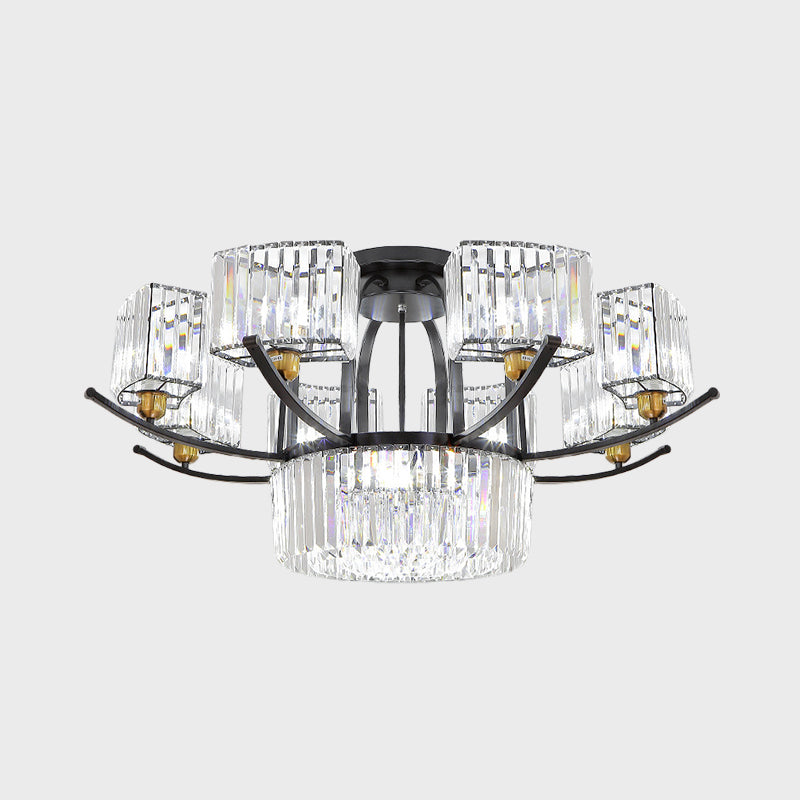 Modern Sputnik Crystal Block Flush Light Fixture - 9/12 Head Semi Flush Mount in Black