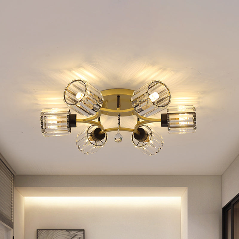 Contemporary K9 Crystal Gold Flushmount Light Fixture - Cylindrical Design, 3/6 Heads