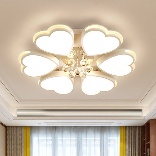 Modern Heart-shaped Acrylic Flush Mount Light with Crystal Ball - 6 Bulbs - White - Perfect for Living Room