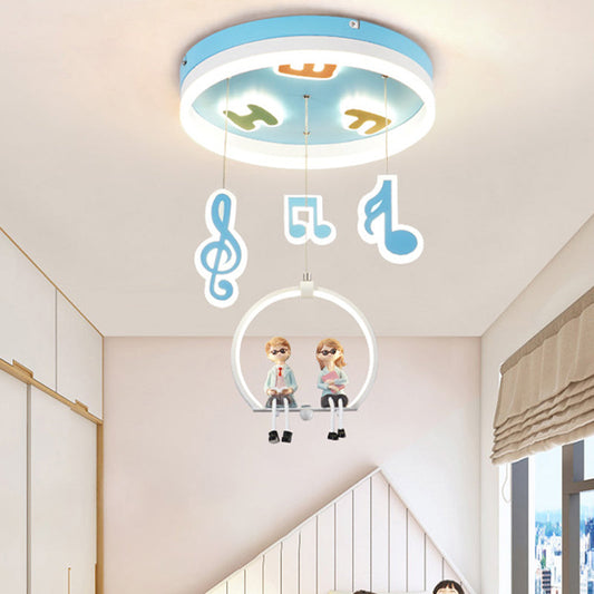 Musical Note LED Ceiling Light with Adorable Boy and Girl Resin Figures - Blue Acrylic Flush Mount