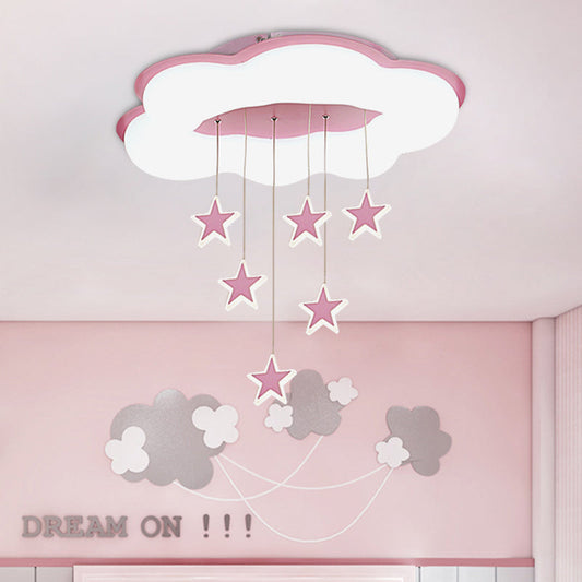 Cartoon Cloud and Star Flushmount LED Ceiling Light for Bedroom - Acrylic Pink/Blue Design