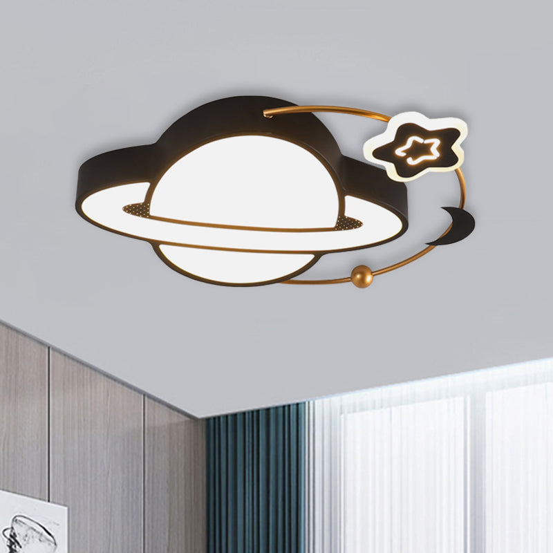 Modern LED Planet Flush Mount with Moon and Star Design - Black Acrylic Ceiling Light Fixture