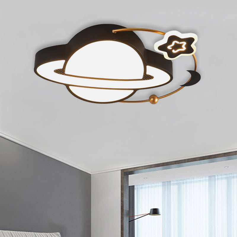 Modern LED Planet Flush Mount with Moon and Star Design - Black Acrylic Ceiling Light Fixture