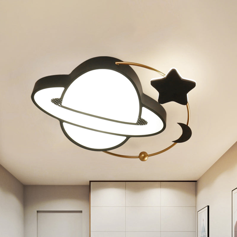 Modern LED Planet Flush Mount with Moon and Star Design - Black Acrylic Ceiling Light Fixture