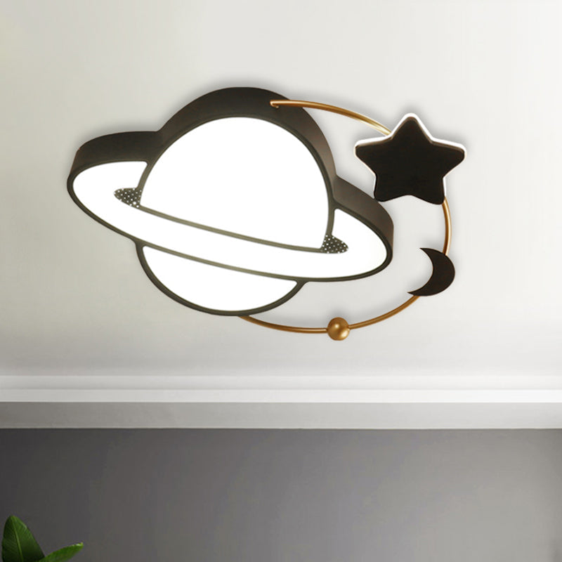 Modern LED Planet Flush Mount with Moon and Star Design - Black Acrylic Ceiling Light Fixture