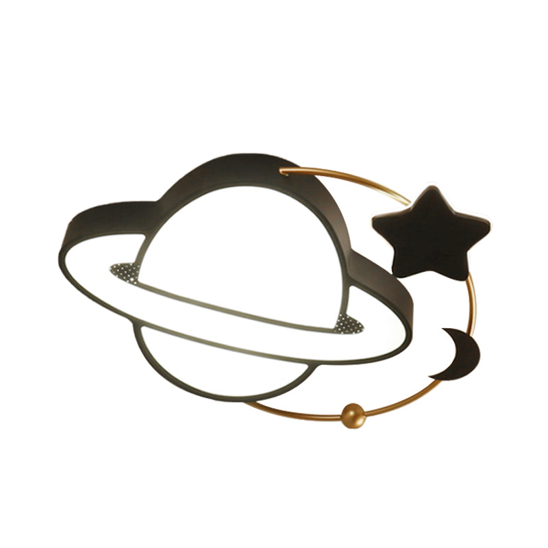 Modern LED Planet Flush Mount with Moon and Star Design - Black Acrylic Ceiling Light Fixture