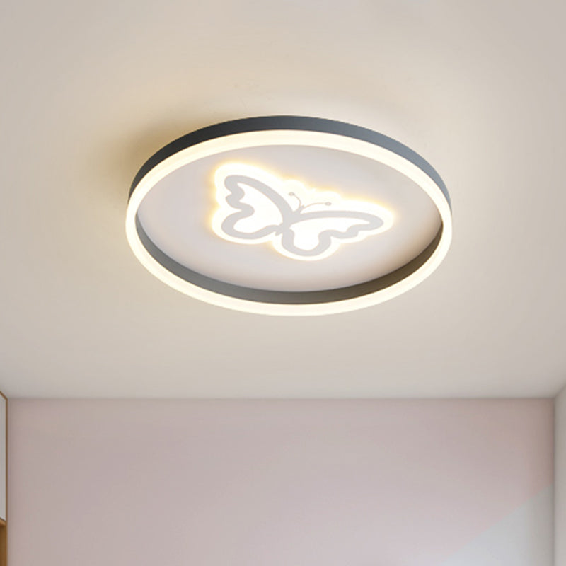 Plafonnier LED en acrylique gris : plafonnier circulaire moderne avec motif papillon/cœur aimanté pour chambres à coucher