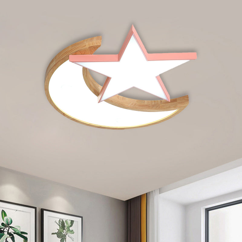 Minimalistic LED Bedroom Flush Light Fixture in Grey/Pink/Green with Moon and Star Acrylic Shade