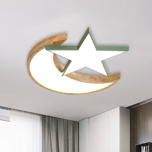 Minimalistic LED Bedroom Flush Light Fixture in Grey/Pink/Green with Moon and Star Acrylic Shade