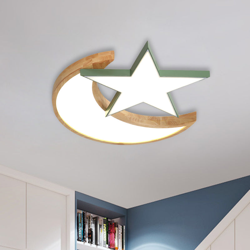 Minimalistic LED Bedroom Flush Light Fixture in Grey/Pink/Green with Moon and Star Acrylic Shade
