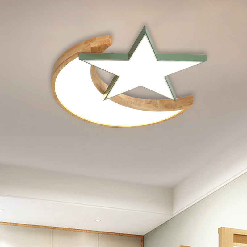 Minimalistic LED Bedroom Flush Light Fixture in Grey/Pink/Green with Moon and Star Acrylic Shade