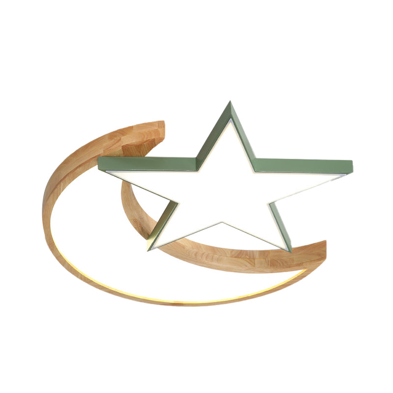 Minimalistic LED Bedroom Flush Light Fixture in Grey/Pink/Green with Moon and Star Acrylic Shade