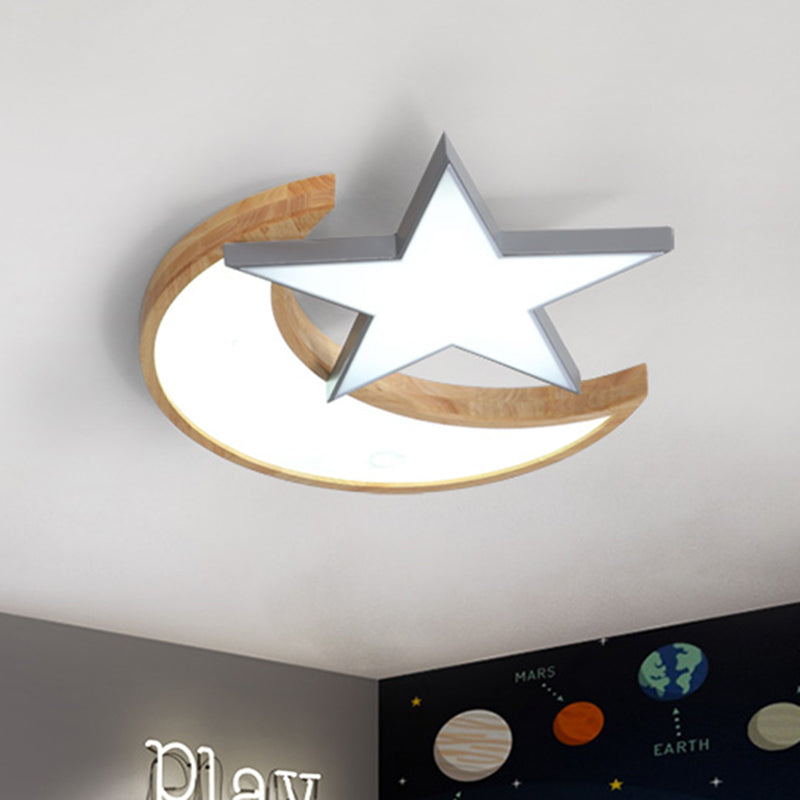 Minimalistic LED Bedroom Flush Light Fixture in Grey/Pink/Green with Moon and Star Acrylic Shade
