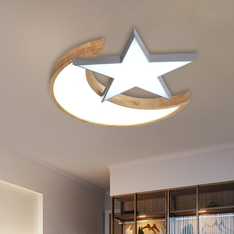 Minimalistic LED Bedroom Flush Light Fixture in Grey/Pink/Green with Moon and Star Acrylic Shade