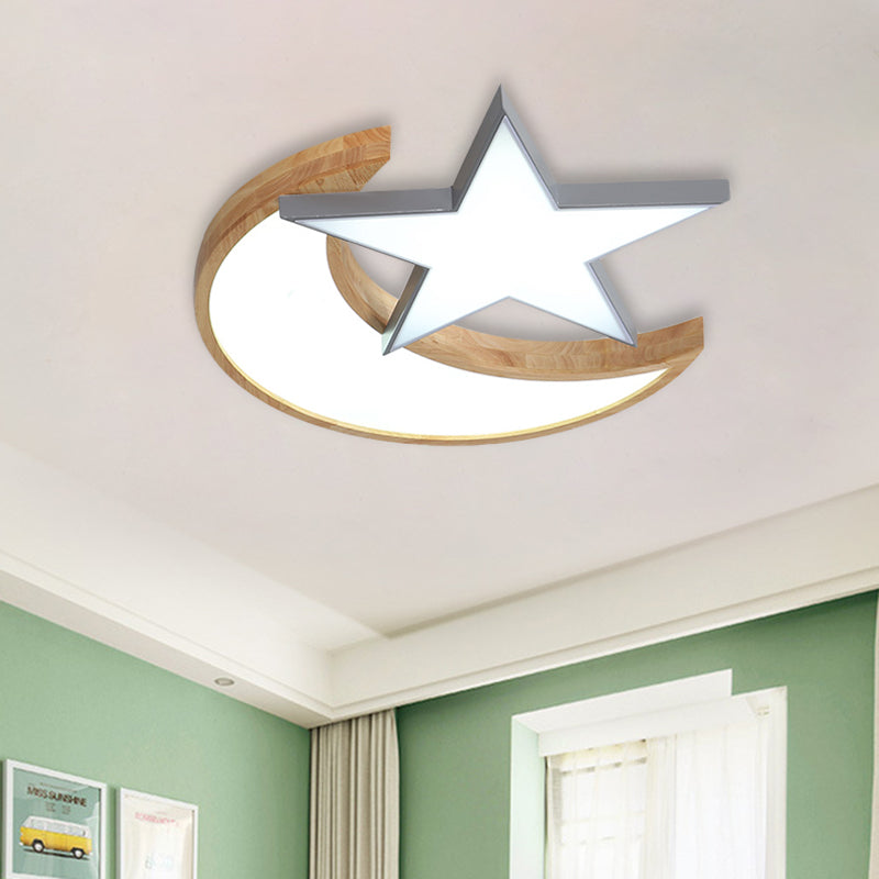 Minimalistic LED Bedroom Flush Light Fixture in Grey/Pink/Green with Moon and Star Acrylic Shade