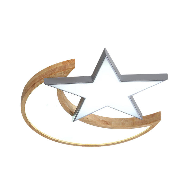 Minimalistic LED Bedroom Flush Light Fixture in Grey/Pink/Green with Moon and Star Acrylic Shade