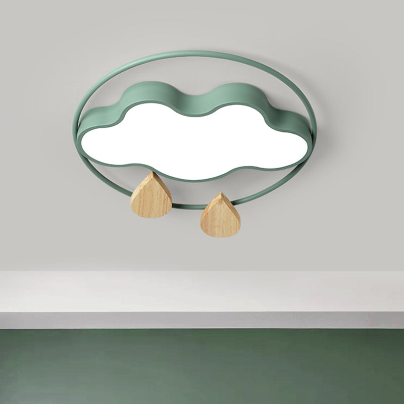 Modern Cloud Bedroom Ceiling Light with Acrylic LED, Wood Raindrop Design (Grey/White/Green)