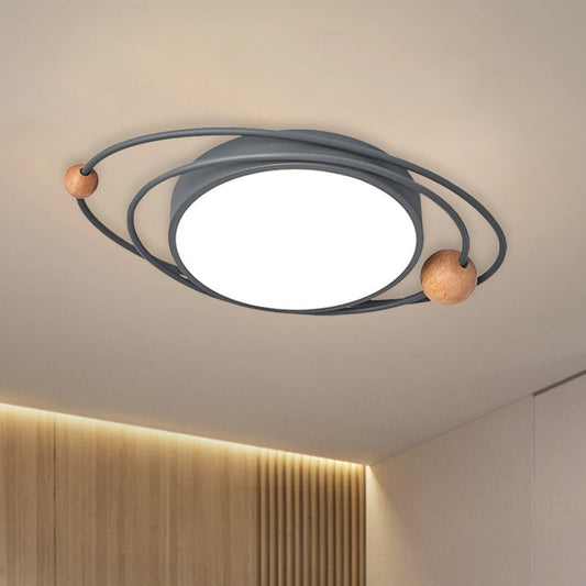 Nordic LED Flush Mount Ceiling Light with Acrylic Ring and Wood Ball in Grey/White/Blue
