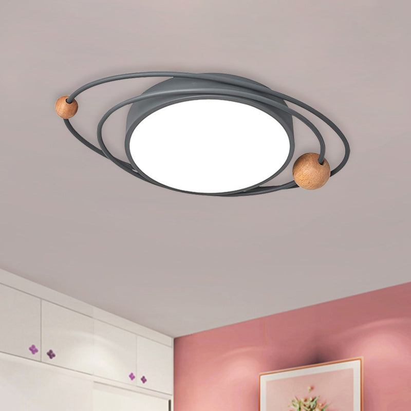 Nordic LED Flush Mount Ceiling Light with Acrylic Ring and Wood Ball in Grey/White/Blue