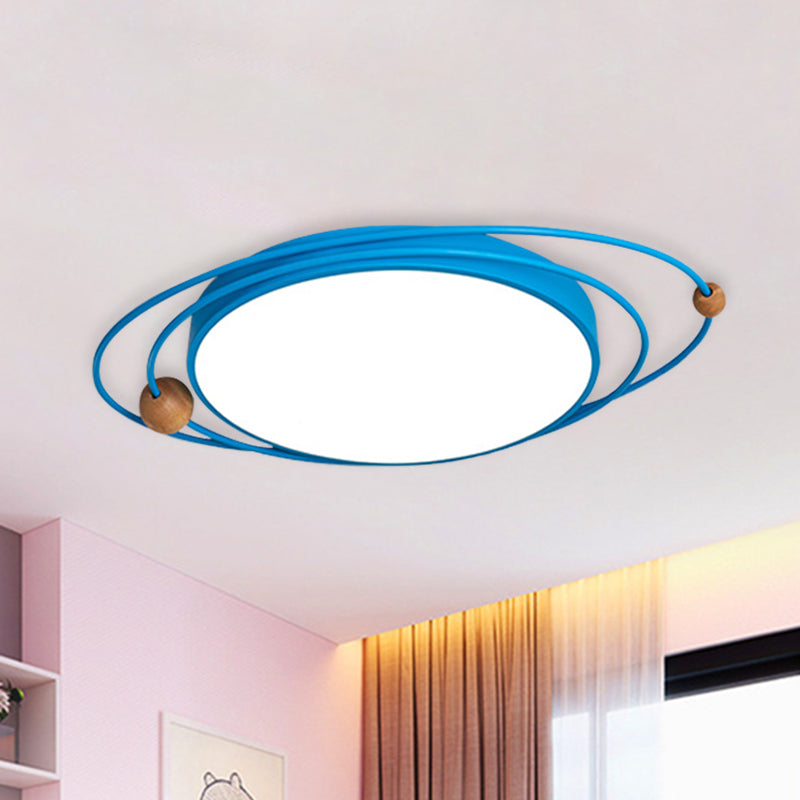 Nordic LED Flush Mount Ceiling Light with Acrylic Ring and Wood Ball in Grey/White/Blue