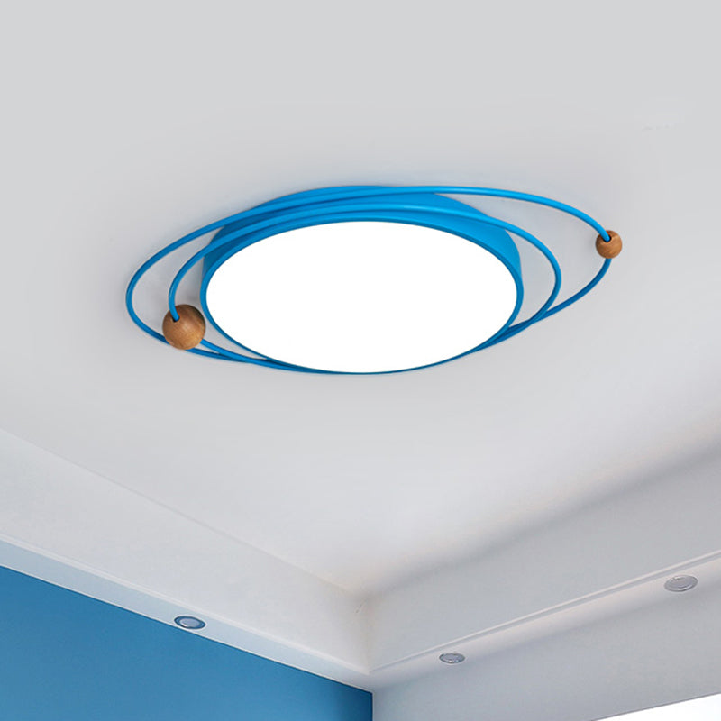 Nordic LED Flush Mount Ceiling Light with Acrylic Ring and Wood Ball in Grey/White/Blue
