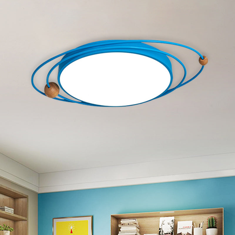Nordic LED Flush Mount Ceiling Light with Acrylic Ring and Wood Ball in Grey/White/Blue