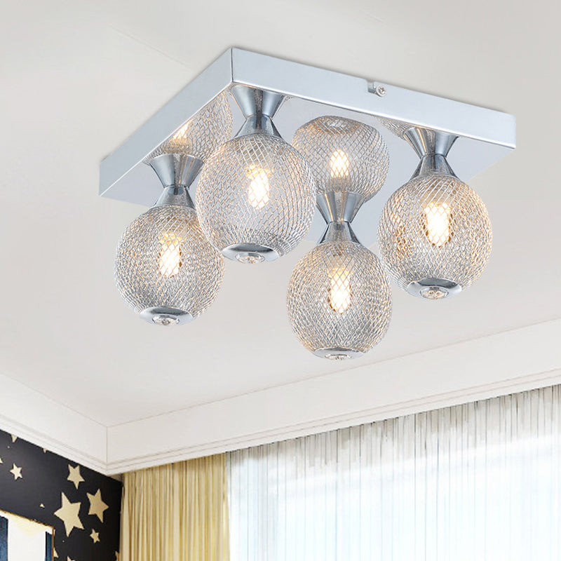 Modern Chrome Flushmount Globe Light with Metal Mesh & LED Illumination - 4 Bulbs