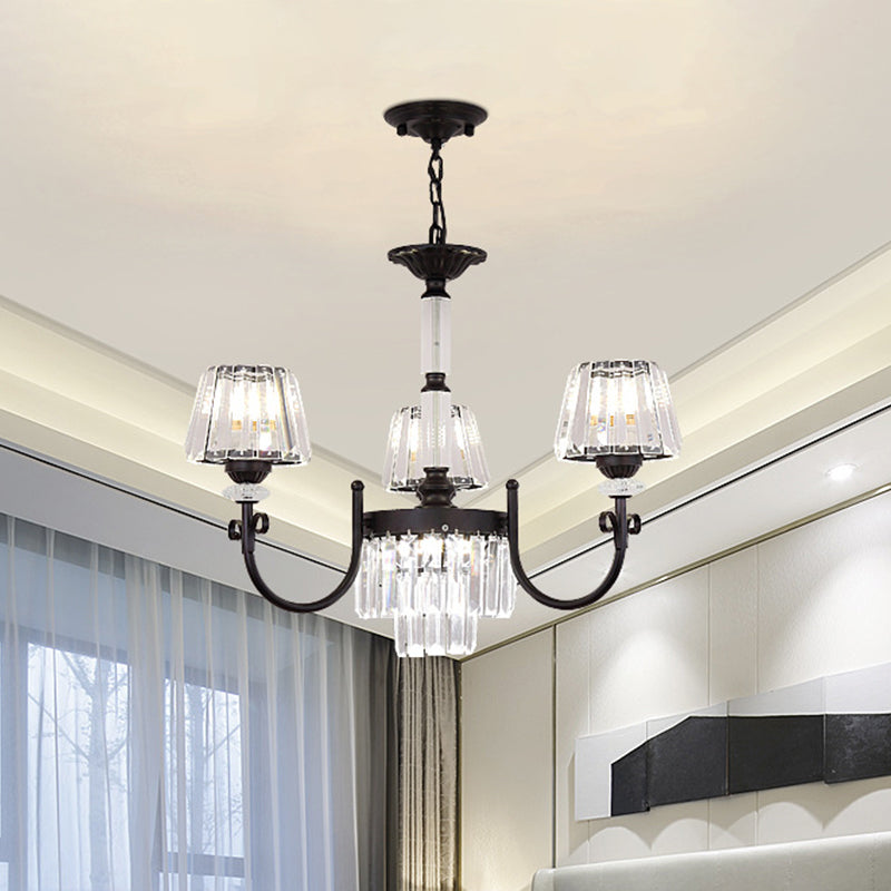Lampe à suspension conique en cristal moderne avec 3/6 têtes - Lampe lustre de salle à manger noire