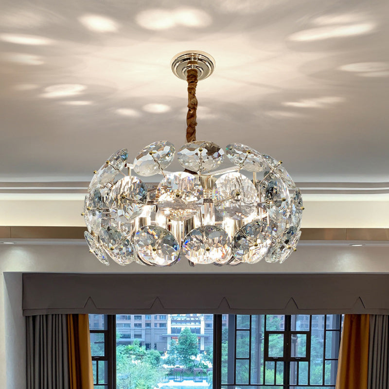 Lustre rond minimaliste à 8 lumières en cristal transparent pour plafond de chambre
