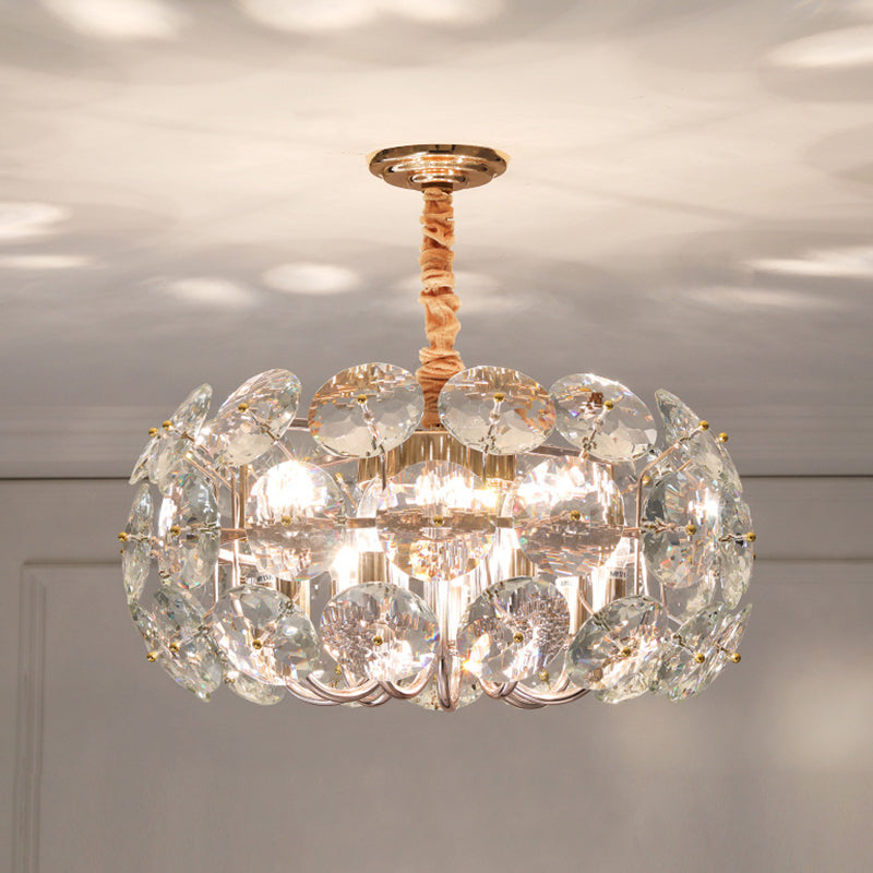 Lustre rond minimaliste à 8 lumières en cristal transparent pour plafond de chambre