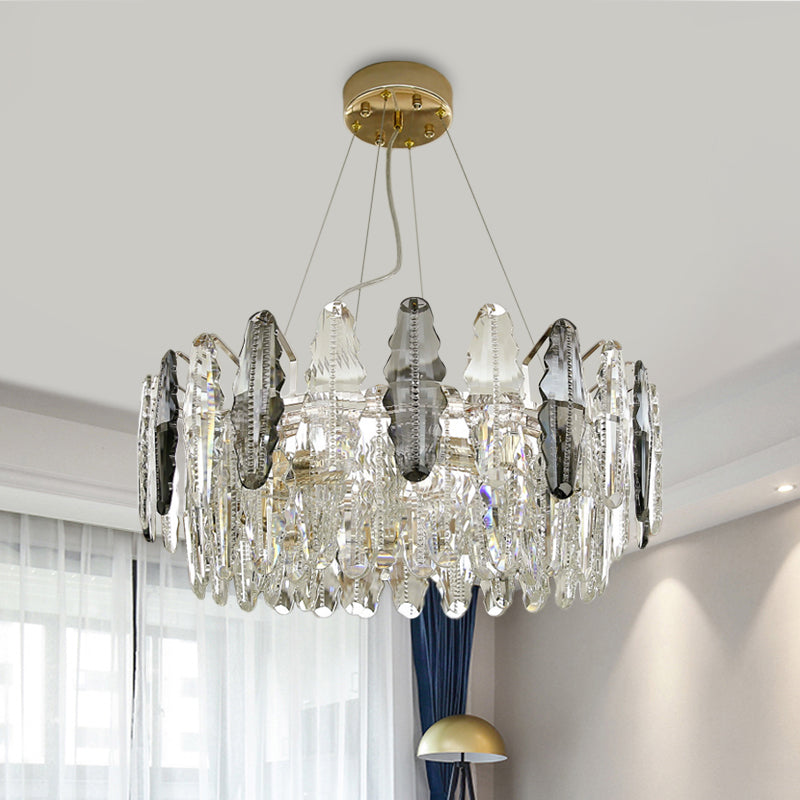 Modernist Clear and Smoke Gray Crystal Chandelier Light - 2 Tiers Suspension, 6 Heads