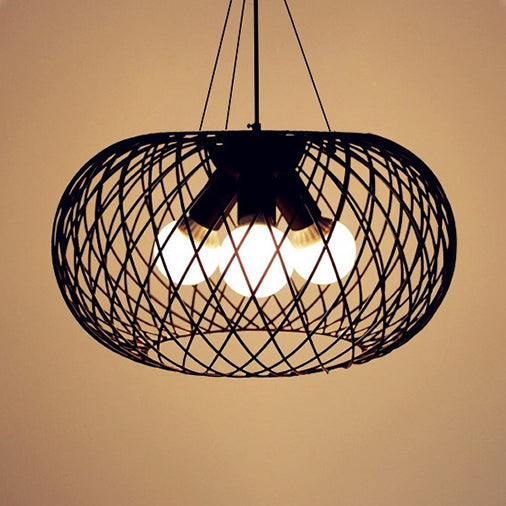 Lustre en métal noir de style industriel avec cage en maille, 3 têtes, abat-jour tambour - Lampe suspendue