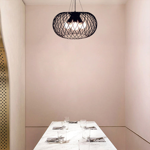 Lustre en métal noir de style industriel avec cage en maille, 3 têtes, abat-jour tambour - Lampe suspendue