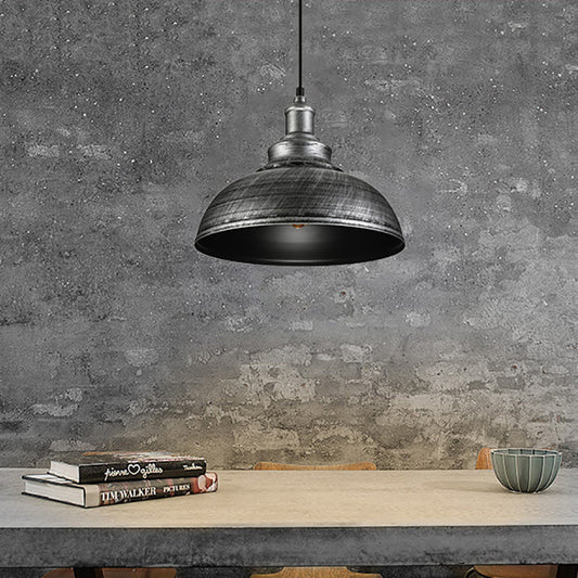Farmhouse Antique Silver Pendant Lamp with Adjustable Cord - Iron Domed Restaurant Lighting