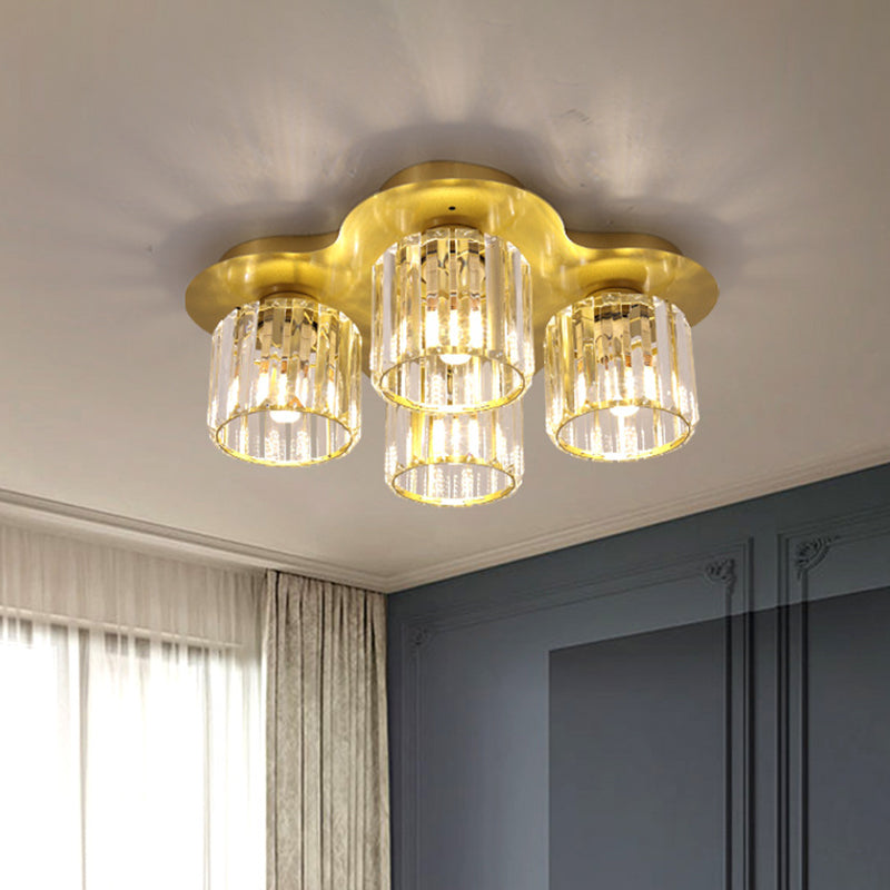 4-Head Crystal Block Flush Ceiling Light Fixture in Black/Gold - Simple Cylinder Design