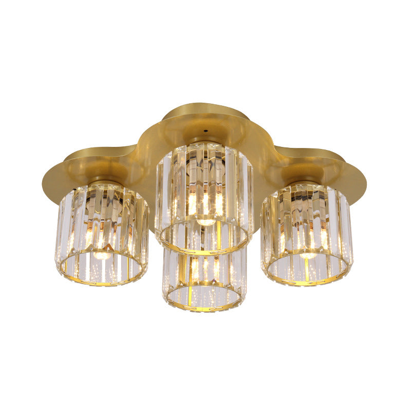 4-Head Crystal Block Flush Ceiling Light Fixture in Black/Gold - Simple Cylinder Design
