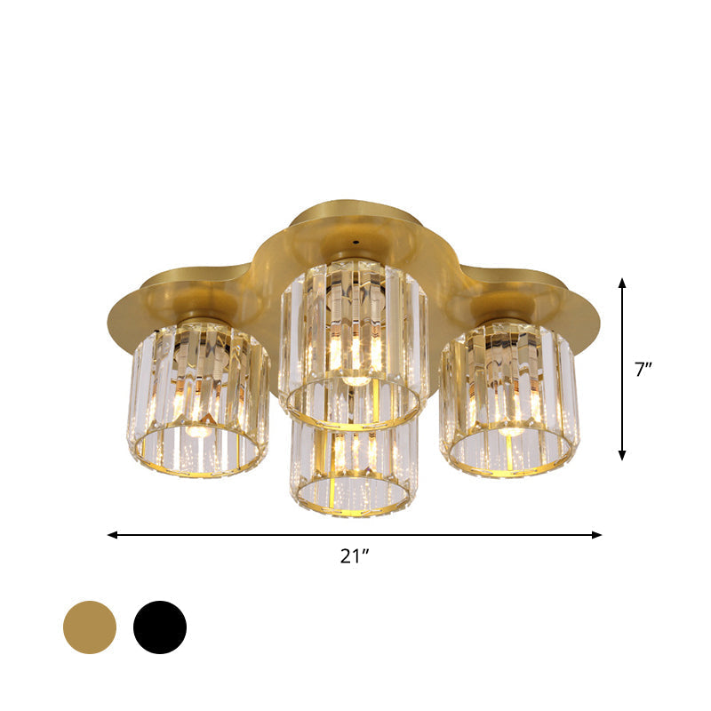 4-Head Crystal Block Flush Ceiling Light Fixture in Black/Gold - Simple Cylinder Design