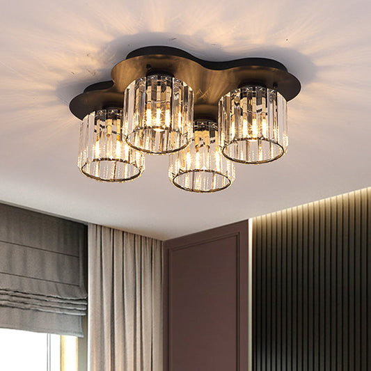4-Head Crystal Block Flush Ceiling Light Fixture in Black/Gold - Simple Cylinder Design
