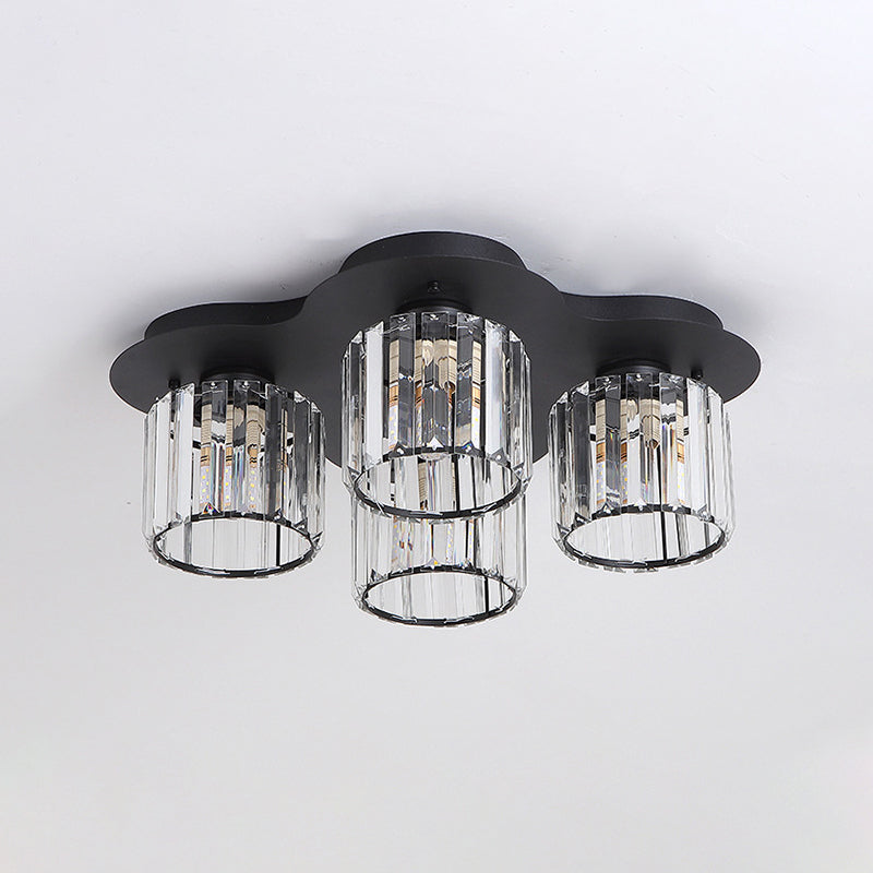 4-Head Crystal Block Flush Ceiling Light Fixture in Black/Gold - Simple Cylinder Design