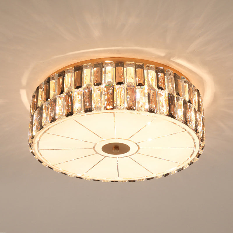 9-Bulb Gold Drum Bedroom Flush Mount Lamp With K9 Crystal And Glass Diffuser