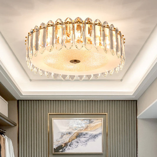 Simple Gold Flushmount Lighting - Drum Crystal Fixture with 6 Bulbs for Bedroom