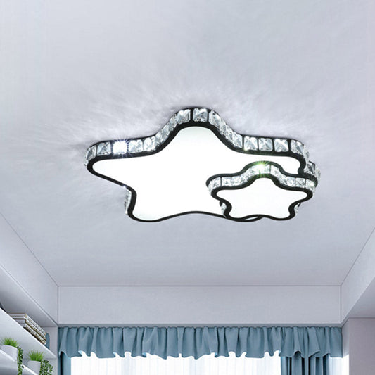 Modern Black LED Flush Ceiling Light with Clear Crystal Double Star Design