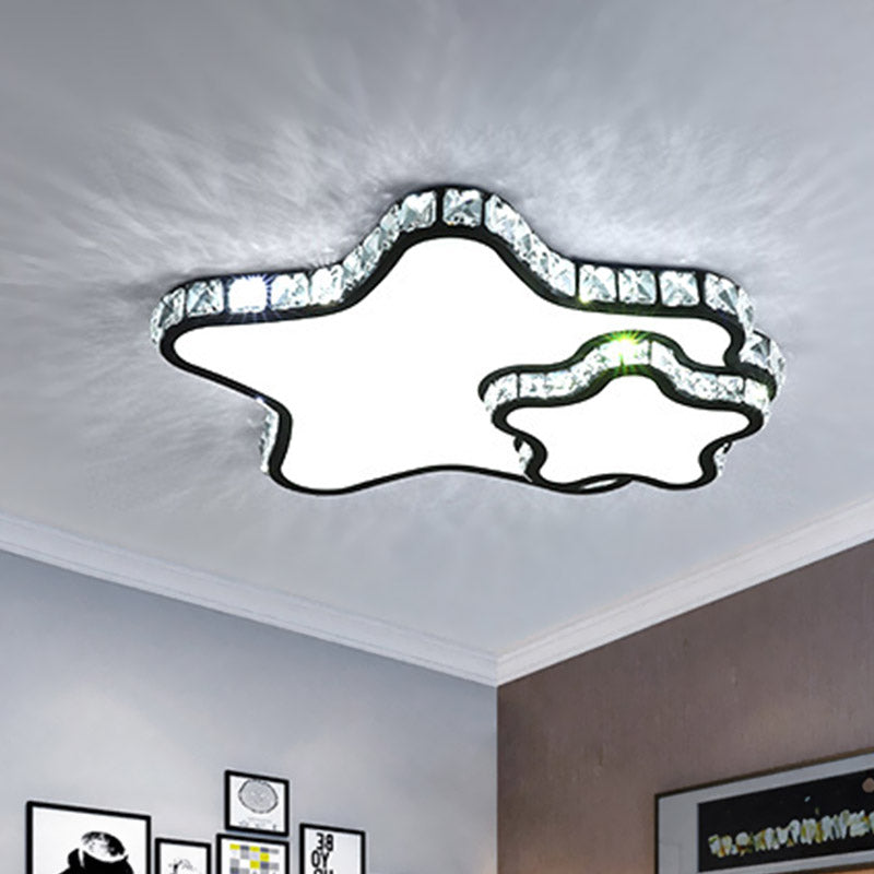 Modern Black LED Flush Ceiling Light with Clear Crystal Double Star Design